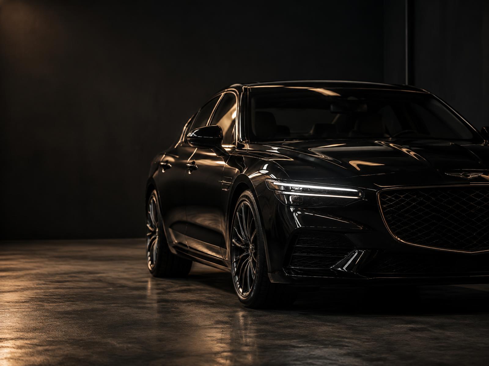 Black performance sedan in a warm-lit detailing studio