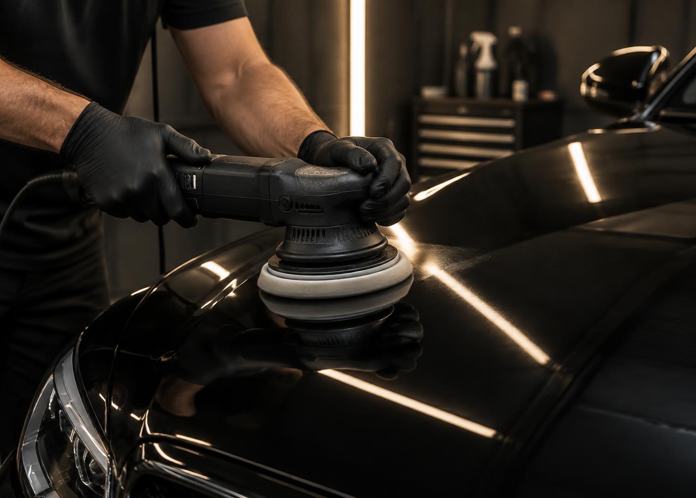 Detailer polishing black automotive paint