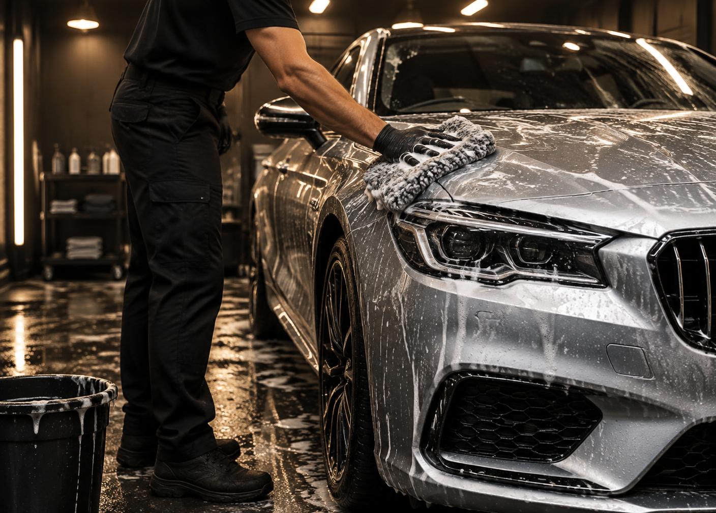 Silver vehicle receiving a careful hand wash