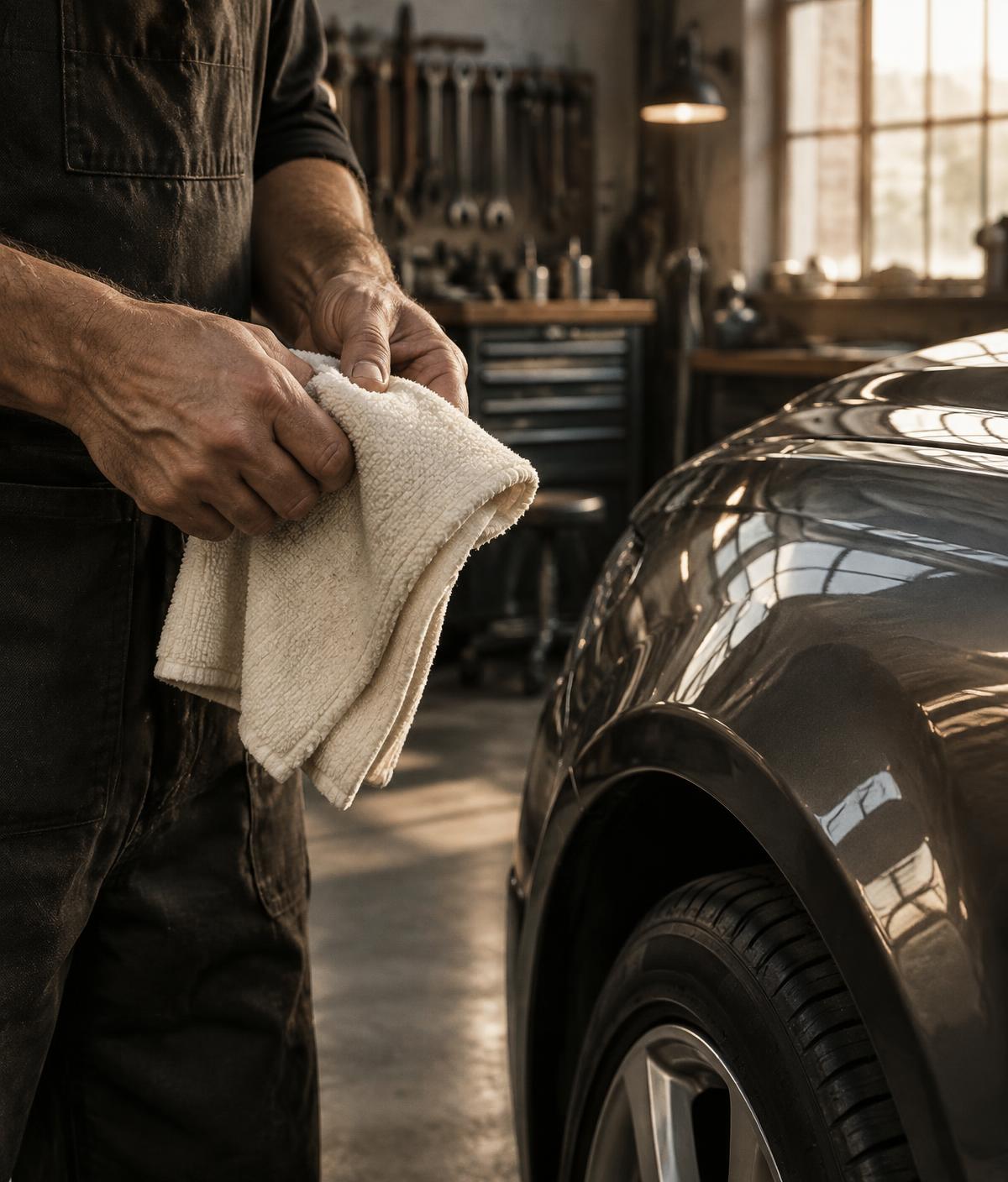 Craftsperson holding a microfiber towel beside a charcoal vehicle